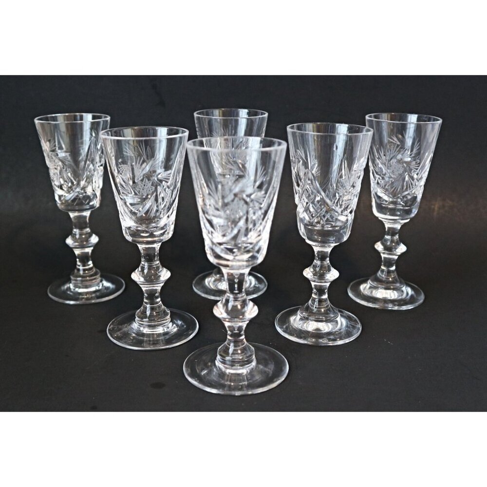 6 Vintage Pinwheel Crystal Liqueur Stemmed Glasses Liquor Cordial Barware